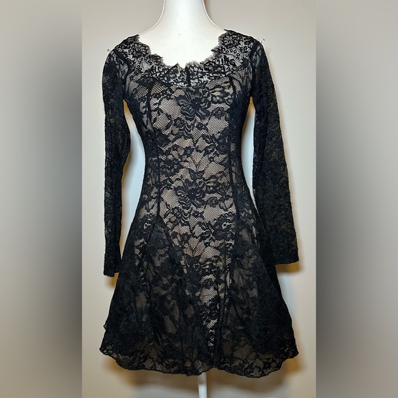 Black Lace Long Sleeve Mini Dress Sheer Floral Goth Fairy Romantic Fit & Flare - Picture 2 of 9
